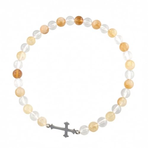 Small Clear Quartz & Citrine Beaded Bracelet with Cross Charm, Mini Healing Crystal Religious Jewelry for Women Bracelet with Cross Pendant, Delicate Christian Faith Stretch Bracelet