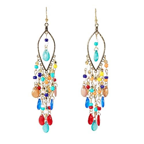Loulangems Bohemian Earrings for Women - Handmade Tassel Dangle Earrings with Natural Stone, Ethnic Style Statement Jewelry for Festival, Beach & Daily Wear