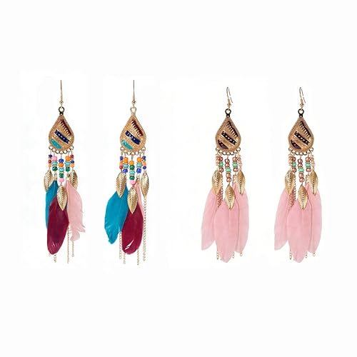 Loulangems Handmade Boho Tassel Earrings with Turquoise Stones - Ethnic Style Dangle Jewelry for Summer Festivals & Beach Outfits
